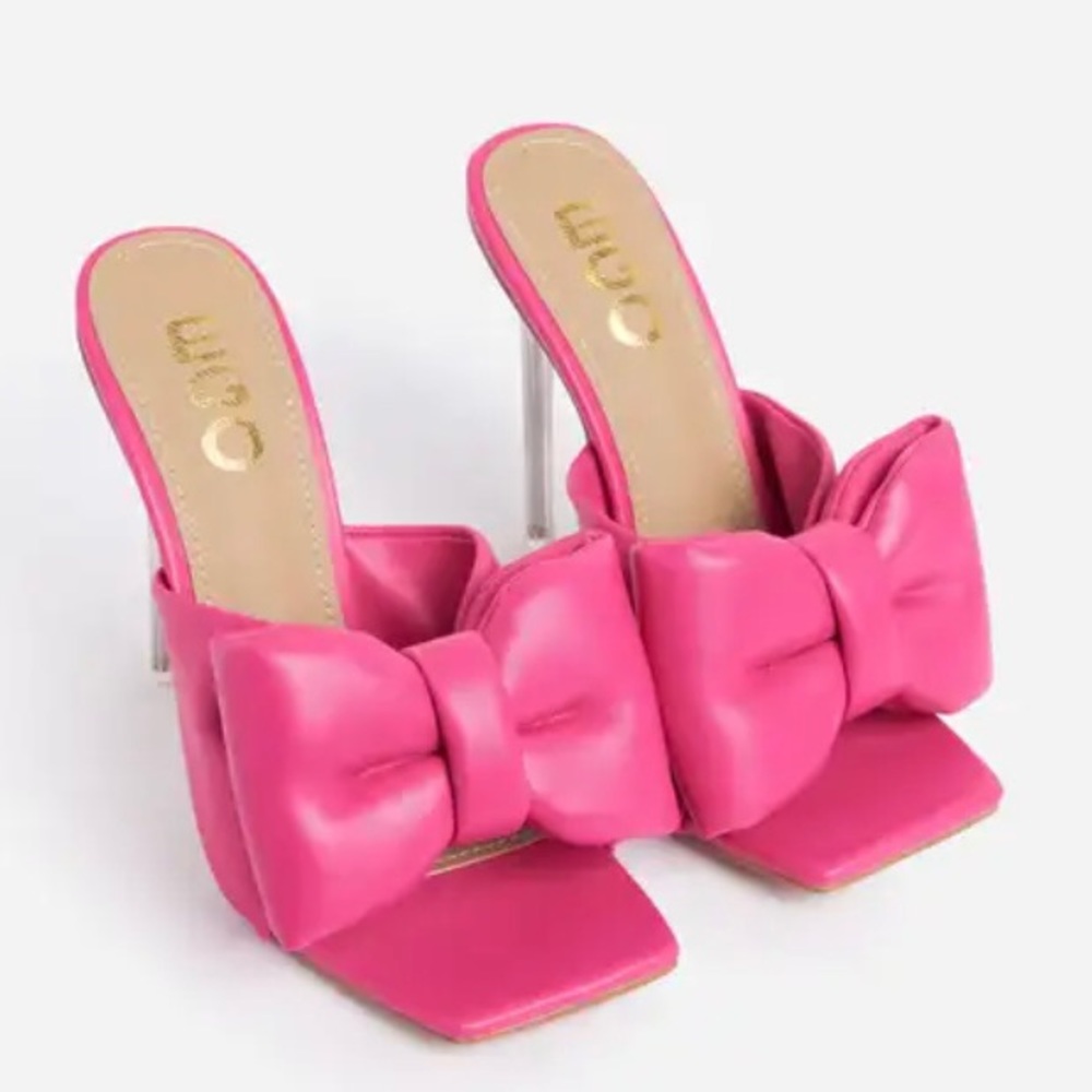 Pink Faux Leather High-Heel Mule with Bow Detail